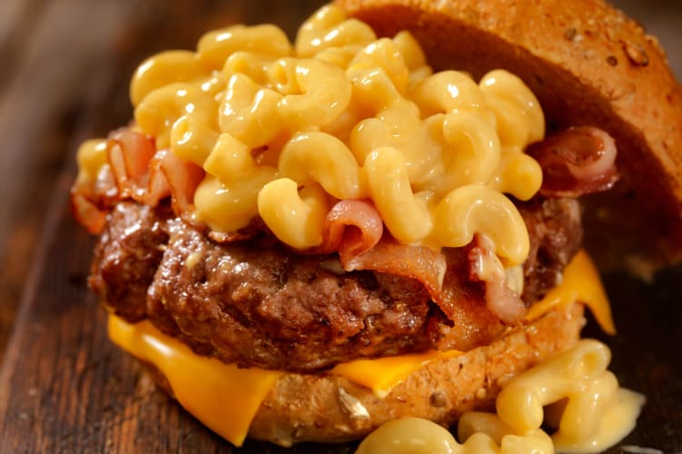 Bacon cheeseburger topped with mac and cheese