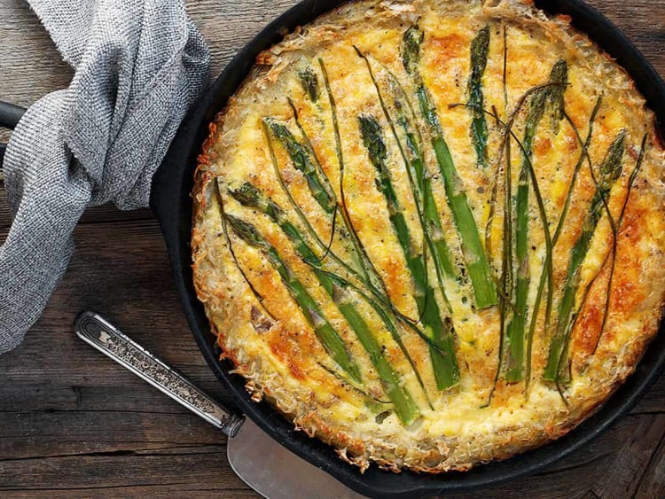 hashbrown crust asparagus quiche is a filling vegetarian breakfast