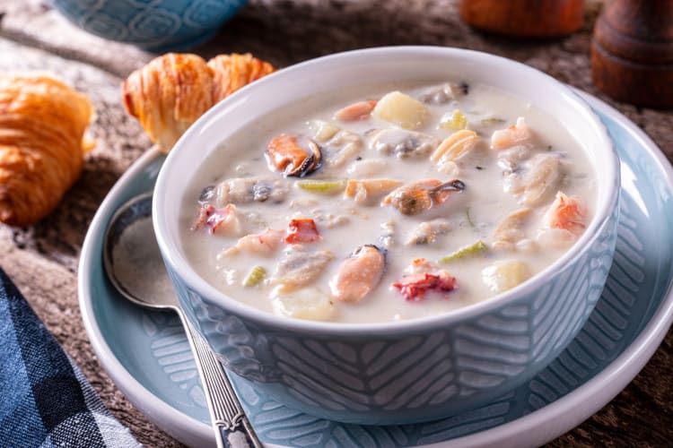 Seafood chowder served with bread