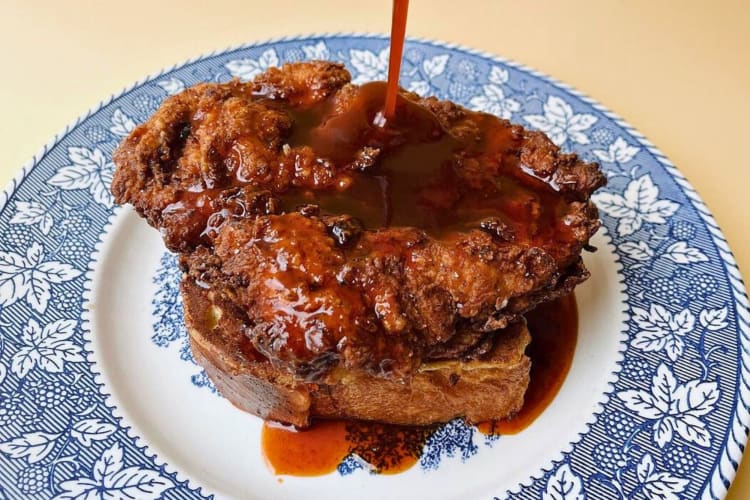 Fried chicken and French toast with gochujang hot honey