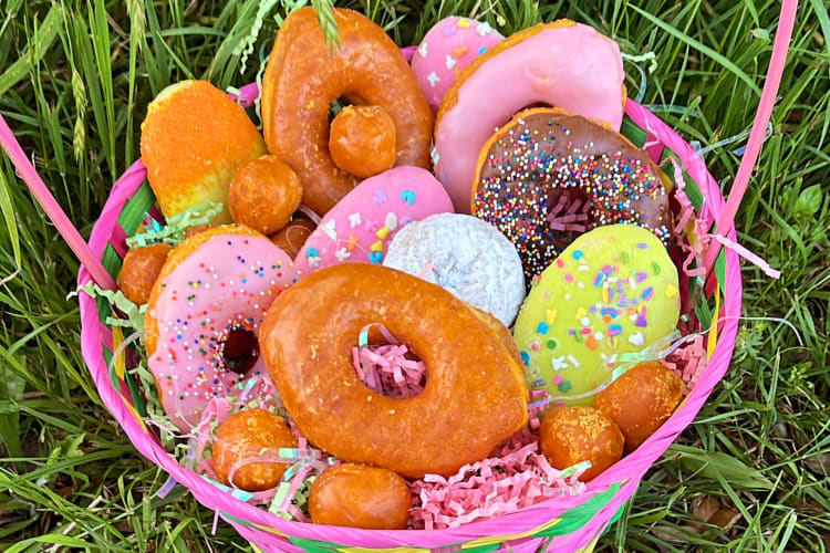 Easter basket filled with donuts
