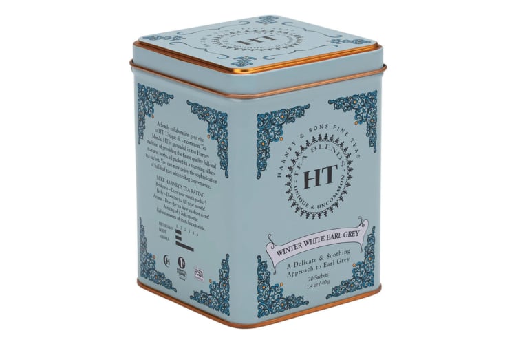 A tin of Harney and Sons Earl Grey tea, one of the best Earl Grey teas