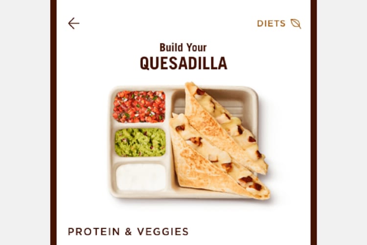 A screenshot of the Chipotle app, one of the best fast food apps
