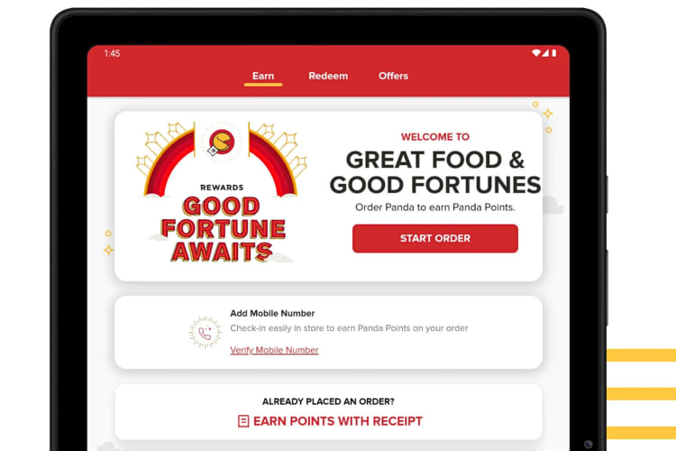 A phone displaying a page from the Panda Express app