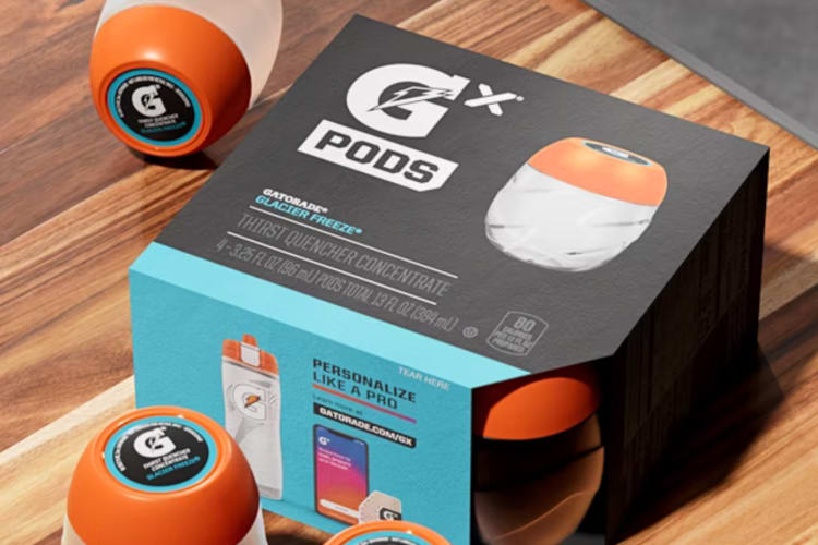 A box and pods of Gatorade Frost Glacier Freeze, one of the best Gatorade flavors