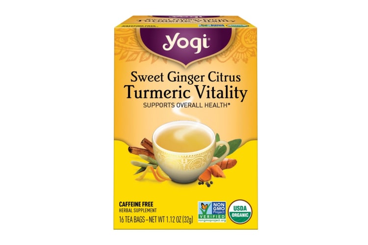 A packet of Sweet Ginger Citrus Turmeric Vitality tea.