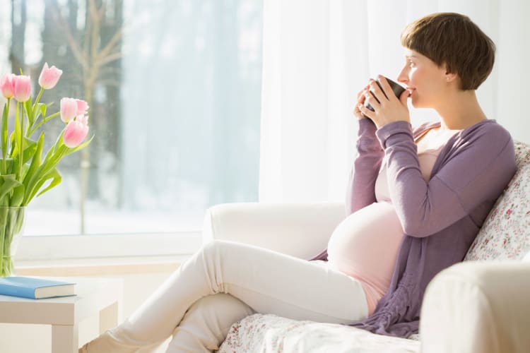 A pregnant woman drinking tea on a couch.