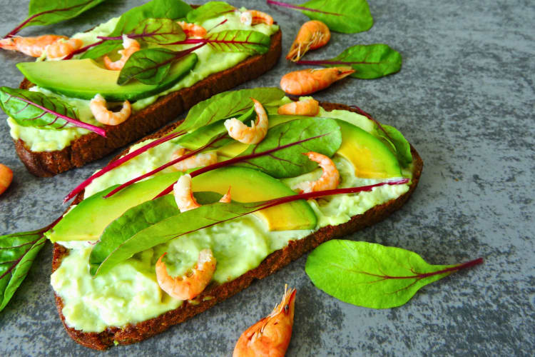 Keto diet sandwich with avocados and shrimps.