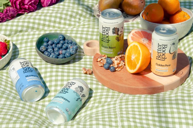 Cans of Better Booch kombucha on a picnic blanket with fresh fruits