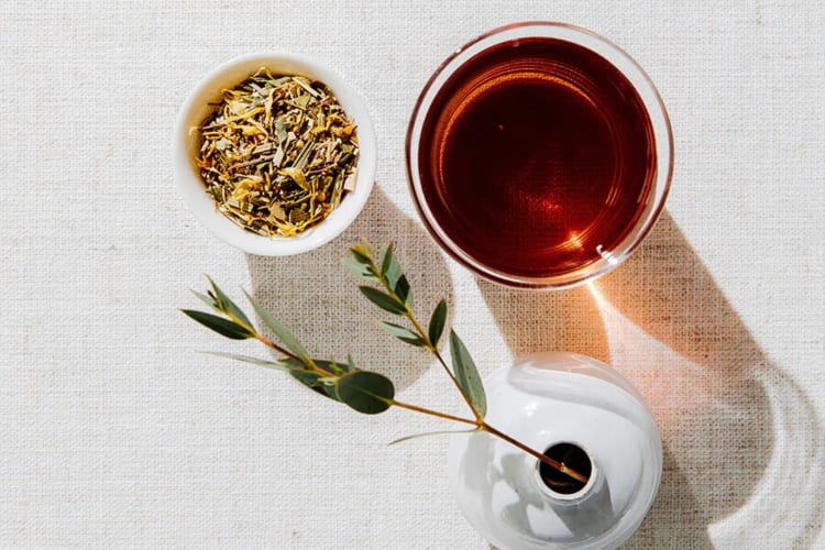 A plant in a pot, a glass mug of tea and a saucer with loose-leaf tea in it