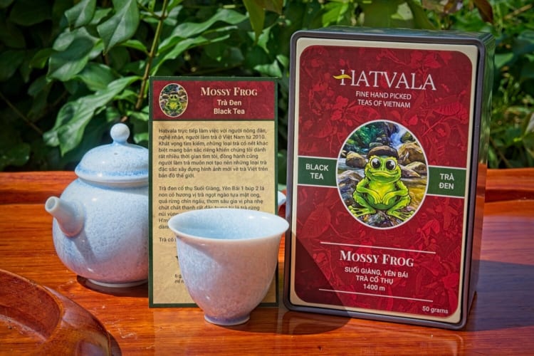 A box of Hatvala tea with a teapot and a mug