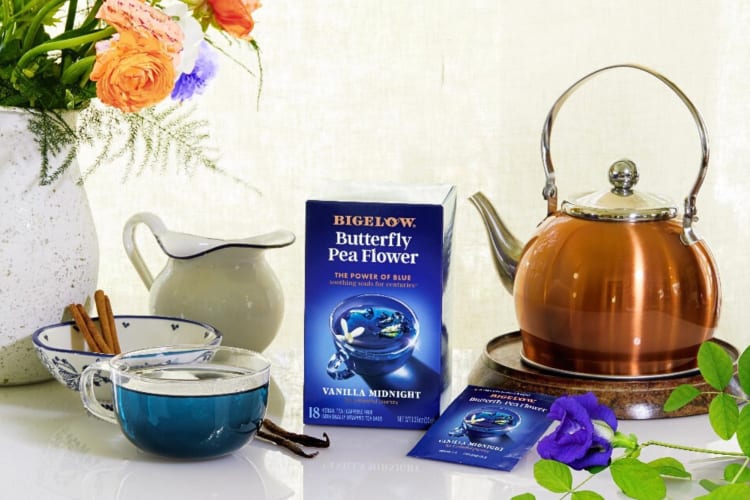 A pot, a mug of tea, and a box of Bigelow, one of the best loose-leaf teas