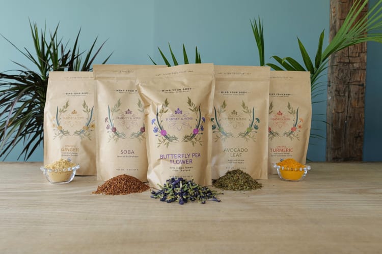 Five packets of Harney & Sons tea, a brand that sells one of the best loose-leaf teas