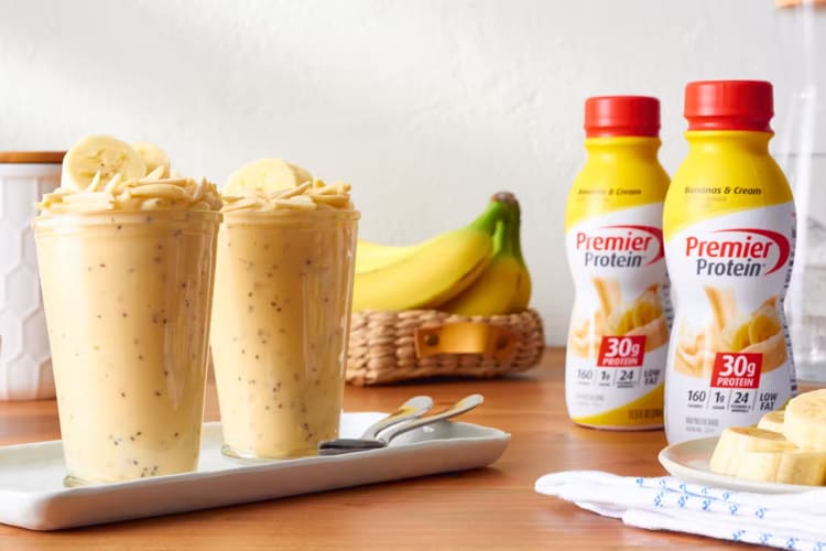 Two bottles of Bananas and Cream Premier Protein and two smoothies