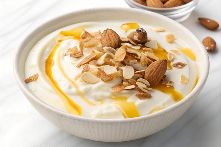A bowl of yogurt topped with granola, almonds and a yellow syrup