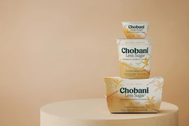 Chobani yogurts stacked on top of each other.