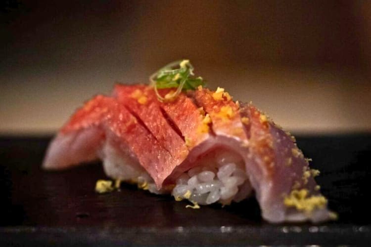 A gourmet sushi roll.