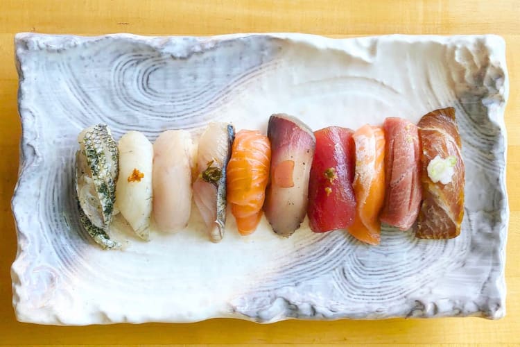 Various kinds of sushi on a plate