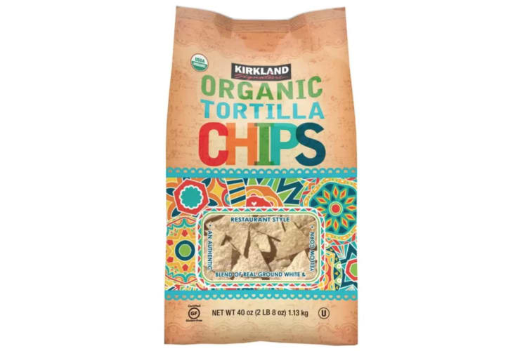 A bag of Kirkland brand tortilla chips