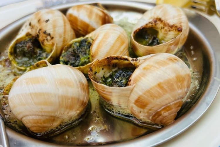 garlicky escargot served on a silver round plate