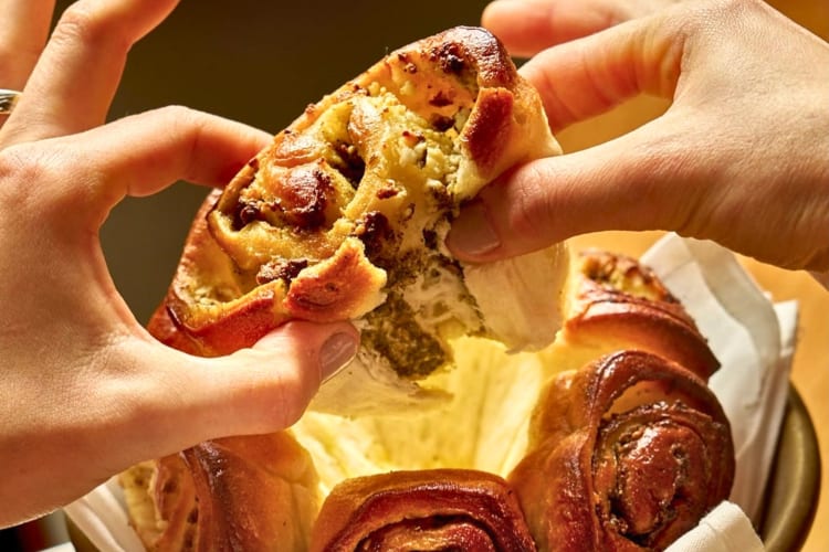 Pull-apart kubaneh bread at a NYC bottomless brunch.
