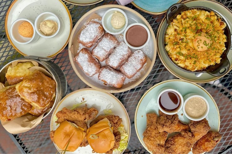 A breakfast in Boston spread of food.