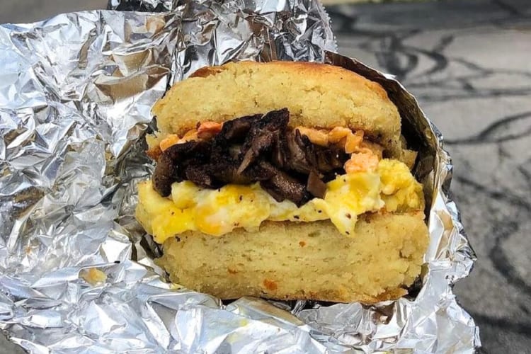 Brisket, egg and cheese biscuit