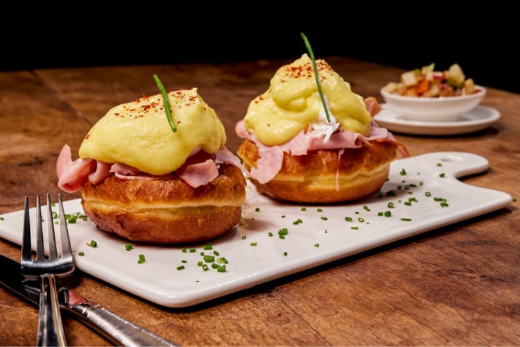 Pandor's beignet eggs Benedict are a decadent breakfast in Irvine.