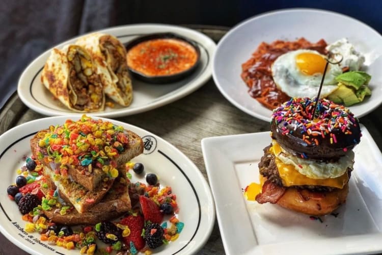 a spread of breakfast and brunch foods, including Fruity Pebble French toast