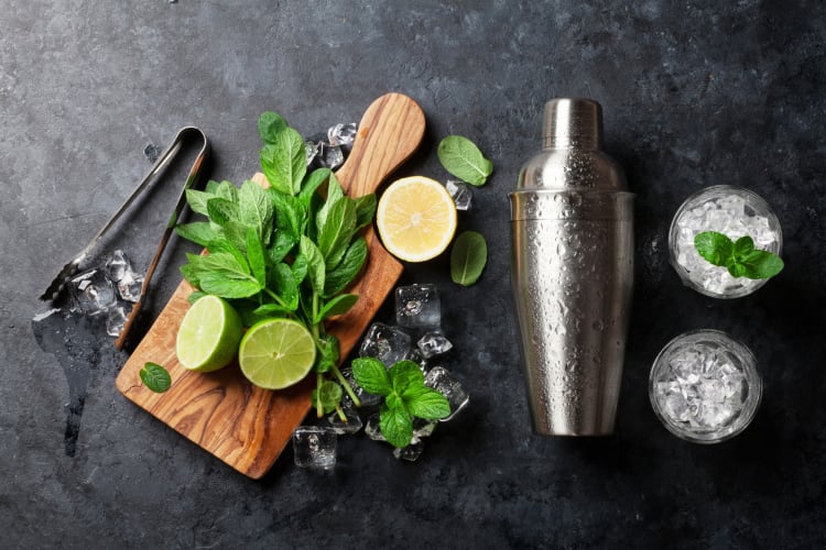 Two glasses with ice, a cocktail shaker and some mint and lemons on a wooden table