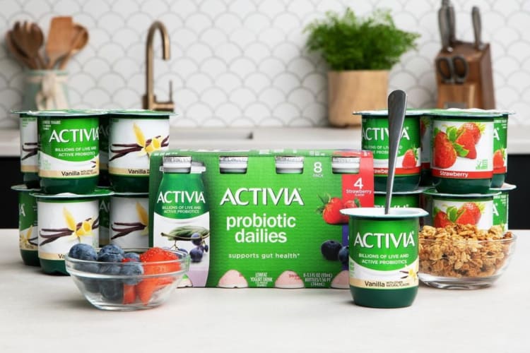 Several Activia yogurts, with different flavors