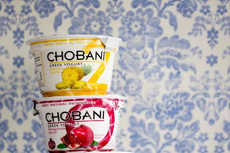 One Chobani yogurt flavor stacked on top of another one