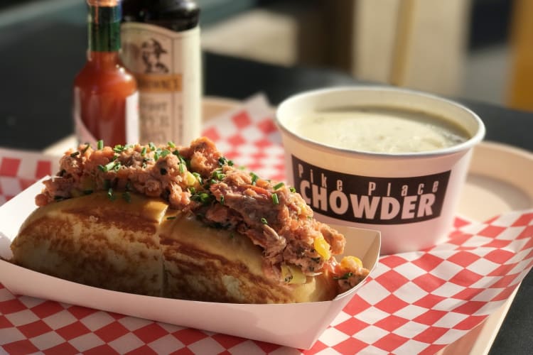 clam chowder and seafood roll with Pike Place Chowder labelling