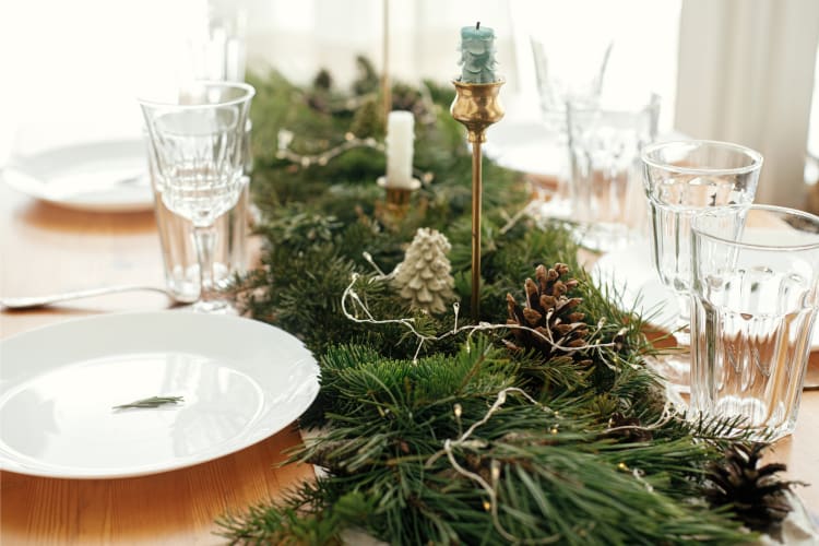 Christmas Day setting table with Rosemary centerpiece