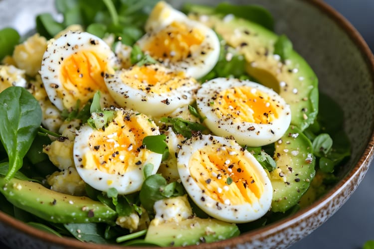 cooked eggs with avo and leaves