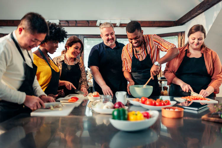 A team doing a cooking class together.