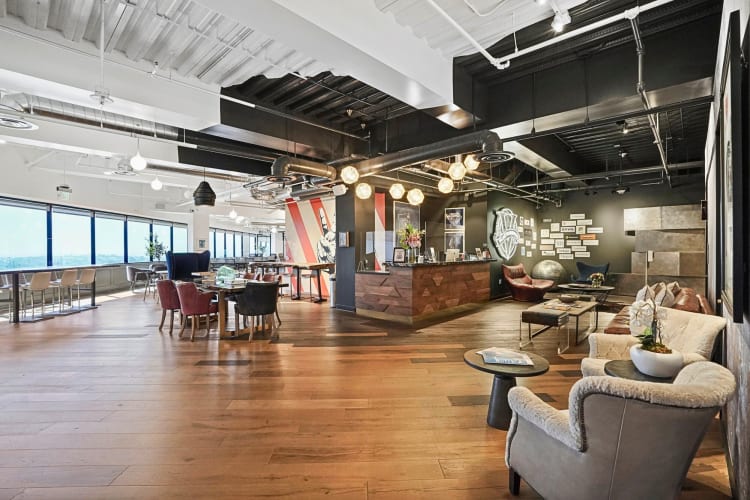 A communal working and relaxation area at Village Workspaces, a coworking space in Los Angeles