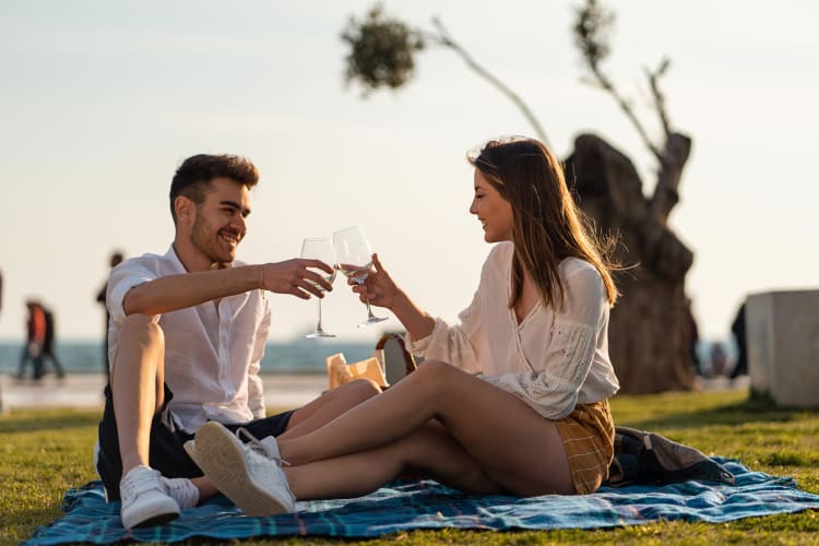 A couple clinking wine glasses together while on a picnic date outdoors