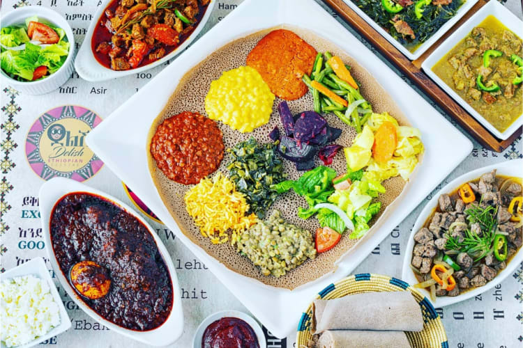 Ethiopian bread with vegetables and rice and various sides