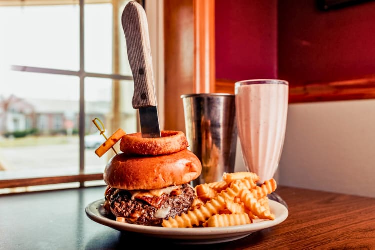 Sassy Burger served with with fries and a milkshake