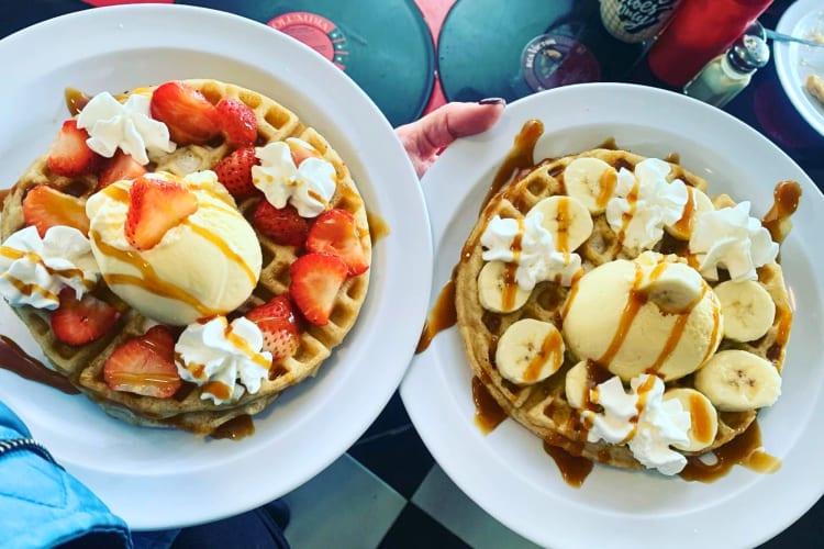 Waffles with bananas and strawberries