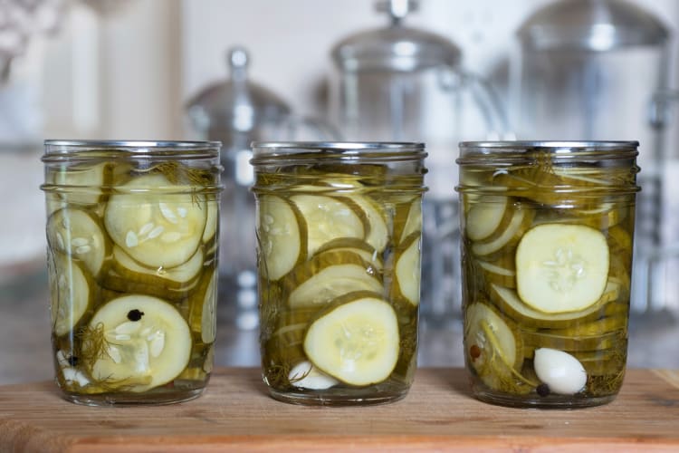 Homemade pickles on jars