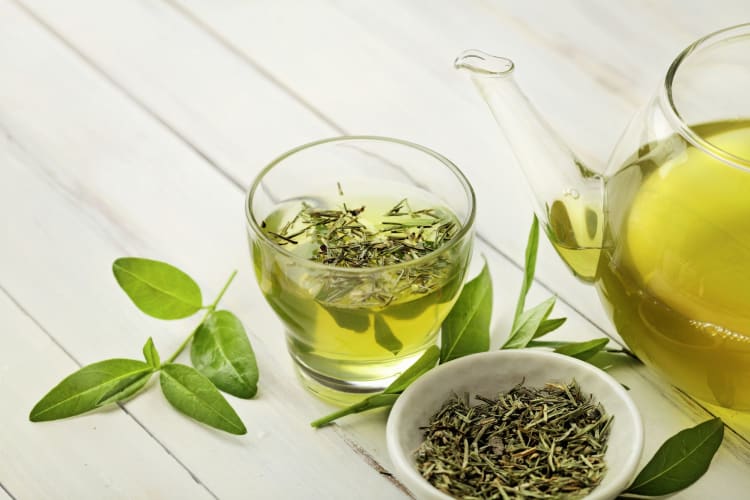 Green tea in a teapot and cup with dried and fresh tea leaves.