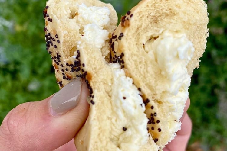 Everything mini bagel stuffed with cream cheese