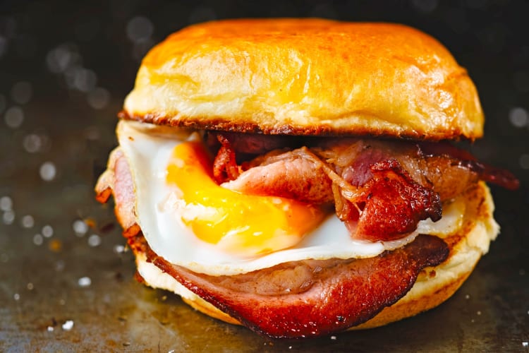 Bacon, egg and cheese sandwich served on English muffin