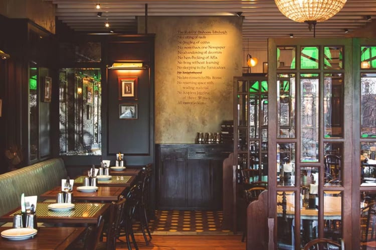 The interior of Dishoom, an Indian restaurant that serves breakfast in Edinburgh.