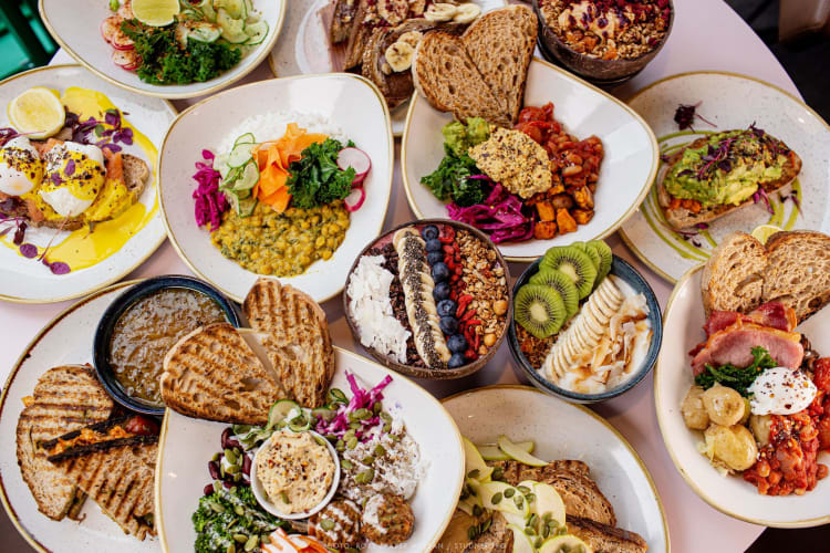 A topview of dishes for a healthy breakfast in Edinburgh