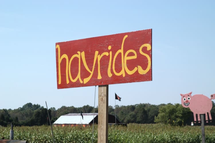 A sign advertising hayrides.