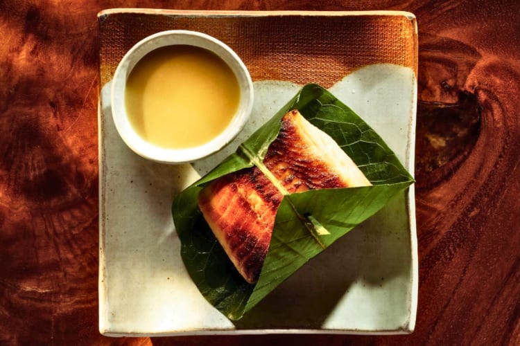 Black cod marinated in saikyo miso wrapped in hoba leaf