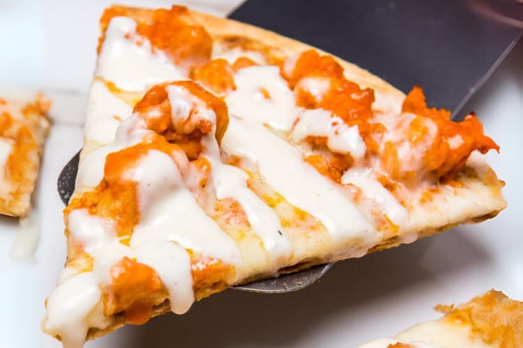 Delicious fast food in NYC must include a spicy buffalo chicken pizza